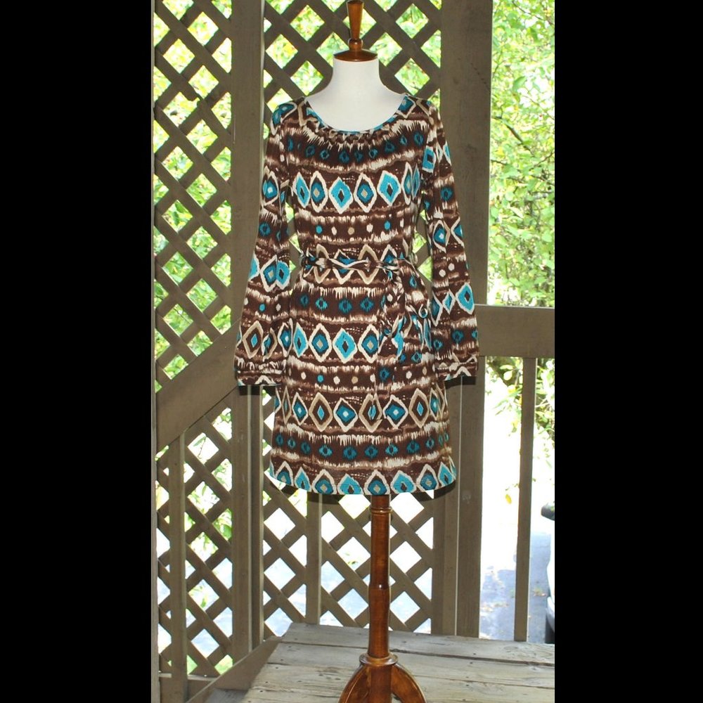 Auditions Dress Size Small Boho Geometric Long Sleeve Mini Dress w/ Belt